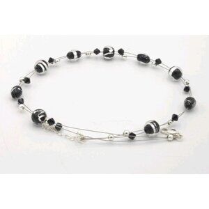 Sterling Silver 925 Black & Clear Glass Bead Necklace 18" Adjustable Minimalist
